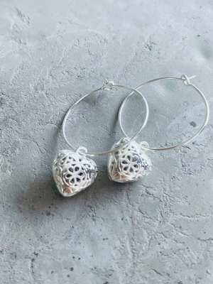 Twigg Filigree Heart Charm Hoop Earrings